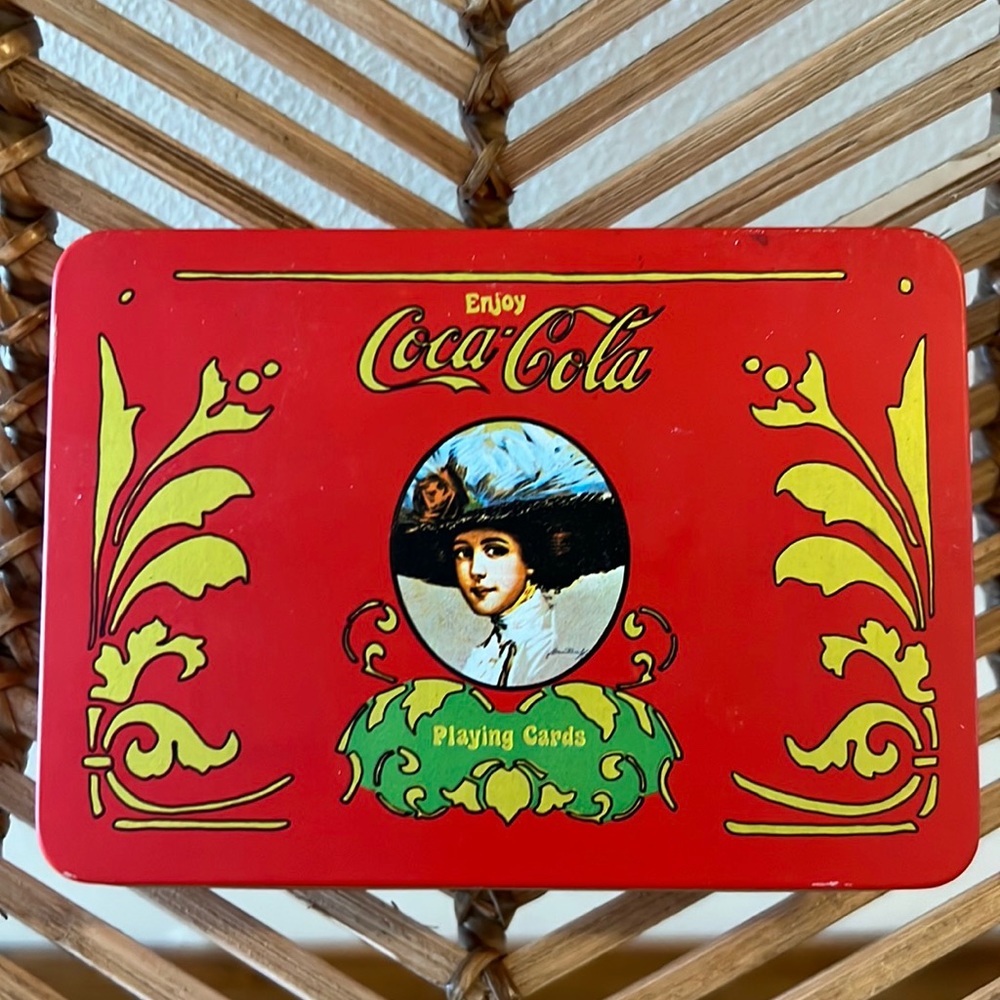 Vintage Coca Cola 2 Deck Playing Cards in Matching Tin Box Coca Cola w/ Dice